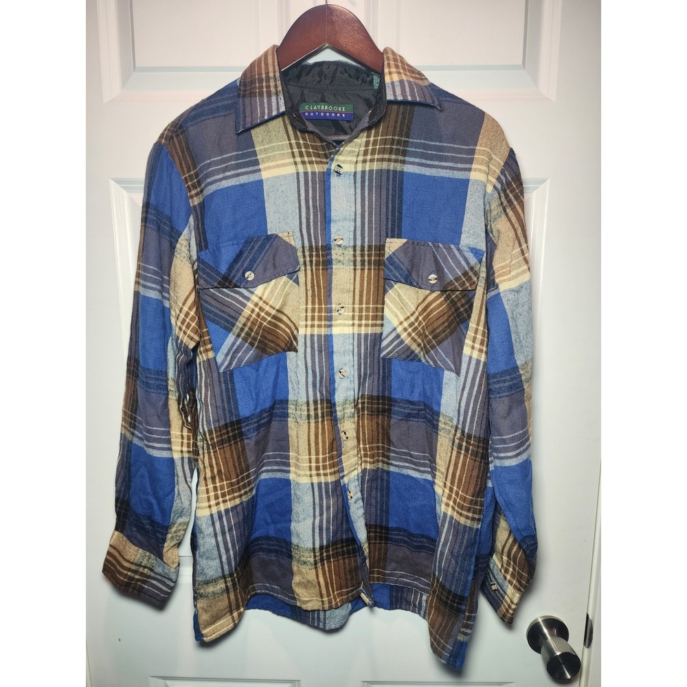 Vintage Claybrooke Outdoors 80s Plaid Flannel Shirt Blue Brown Mens Medium